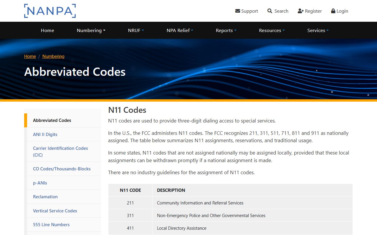 Cabarrus County phone codes NANPA abbreviated N11 code reference