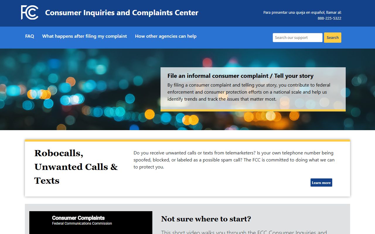 FCC Consumer Complaint Center page for reporting unwanted calls and telecom issues