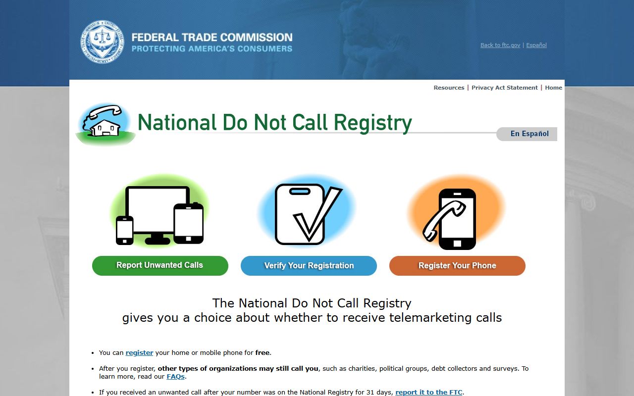 FTC National Do Not Call Registry page for registering and reporting unwanted sales calls